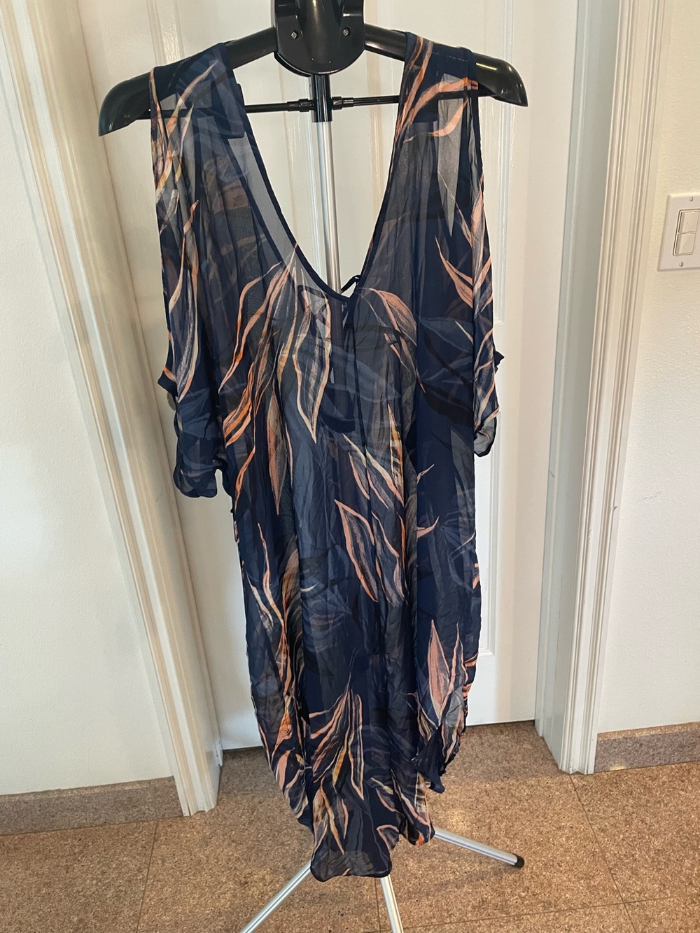 ASTR Navy Floral Sheer Split-Sleeve Tunic Cover up Dress - Picture 1 of 8